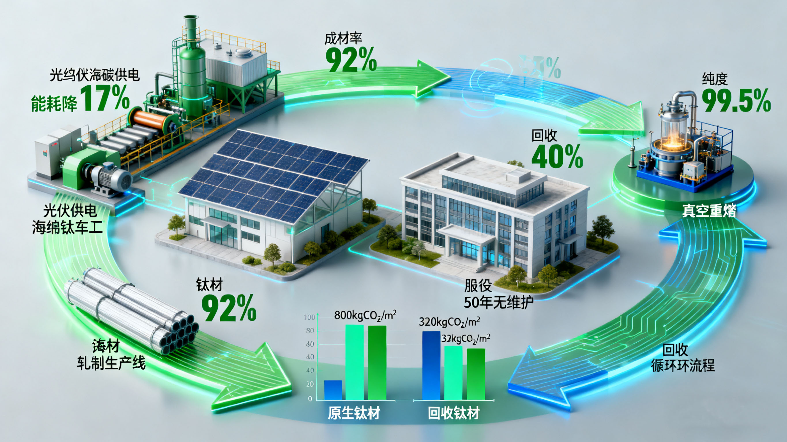 全生命周期低碳:建筑鈦材的綠色生產與循環利用技術進展 —— 海綿鈦低碳冶煉、構件回收工藝與碳足跡優化的產業實踐 全生命周期低碳:建筑鈦材的綠色生產與循環利用技術進展 —— 海綿鈦低碳冶煉、構件回收工藝與碳足跡優化的產業實踐